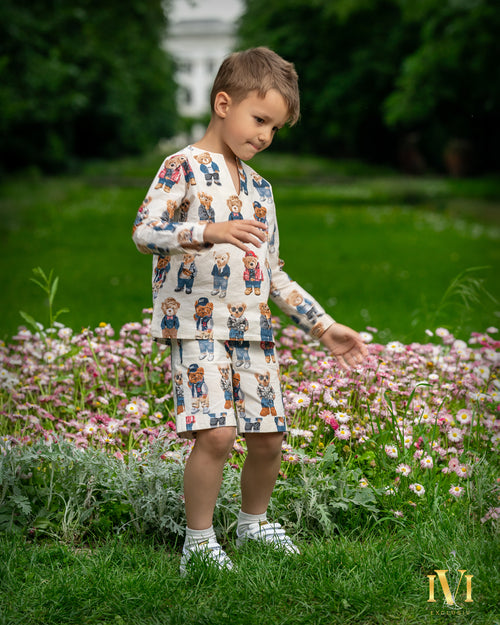 set din bumbac organic certificat oeko tex pentru baieti si bebelusi ccu imprimeu ursuleți mansete intoarse decolteu in v