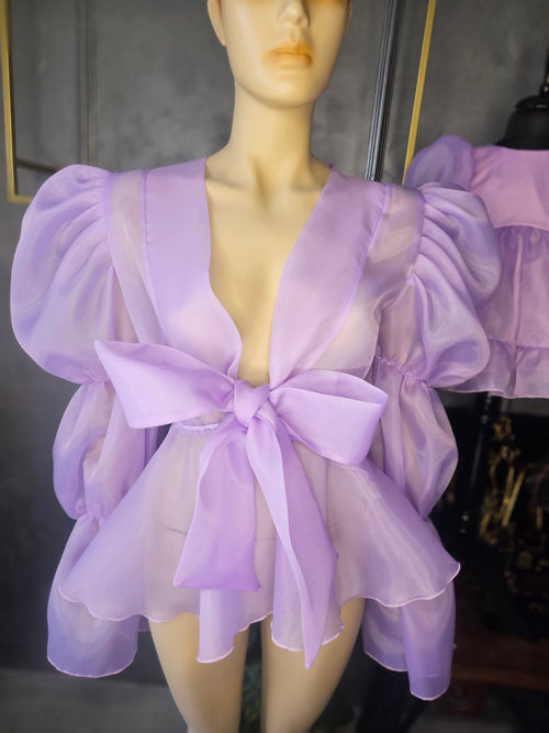 Bluza cămașă damă fete din organza elegantă rafinament grație șarm mâneci bufante mov alba lila neagra gri roz fucsia cyclam