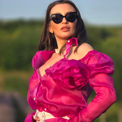 Bluza cămașă damă fete din organza elegantă rafinament grație șarm mâneci bufante mov alba lila neagra gri roz fucsia cyclam