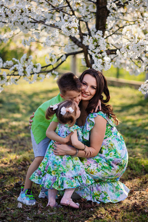 rochie din bumbac imprimeu floral matchy matchy mama fiica din bumbac certificat oeko tex imprimeu floral sau uni potrivire mama fiica mamă fiu cu volane nasturi mijloc si fermoarf fetițe