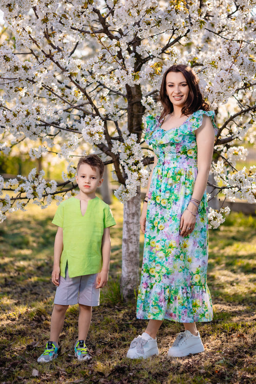 rochie din bumbac imprimeu floral matchy matchy mama fiica din bumbac certificat oeko tex imprimeu floral sau uni potrivire mama fiica mamă fiu cu volane nasturi mijloc si fermoarf fetițe