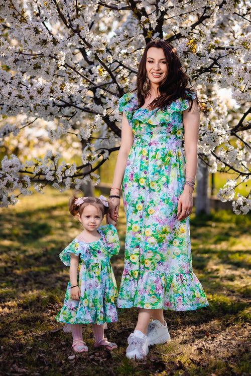 rochie din bumbac imprimeu floral matchy matchy mama fiica din bumbac certificat oeko tex imprimeu floral sau uni potrivire mama fiica mamă fiu cu volane nasturi mijloc si fermoarf fetițe