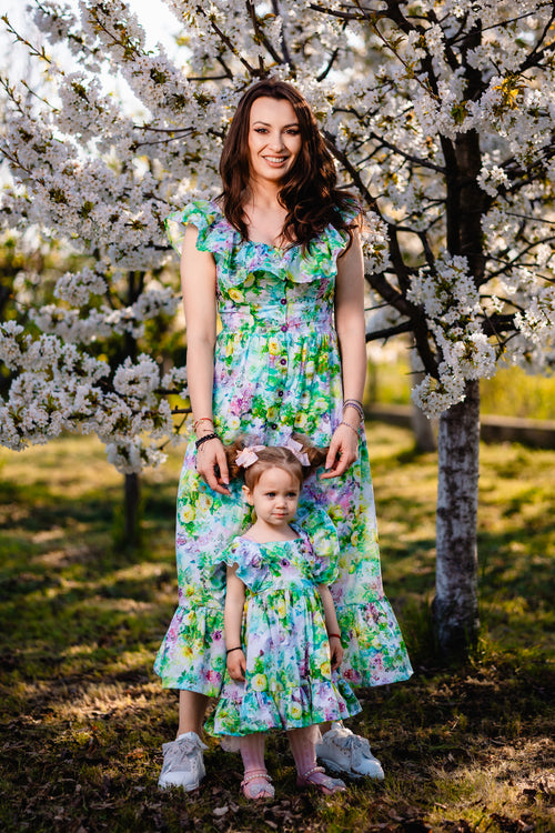 rochie din bumbac imprimeu floral matchy matchy mama fiica din bumbac certificat oeko tex imprimeu floral sau uni potrivire mama fiica mamă fiu cu volane nasturi mijloc si fermoarf fetițe