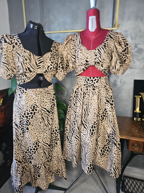 set rochii mamă fiică din bumbac diverse printuri impreimu leopard lămâi floral uni cu volan cloș funde la umeri fetițe mâneci bufante mămici fusta a cu volan sau cloș top cu decolteu adânc