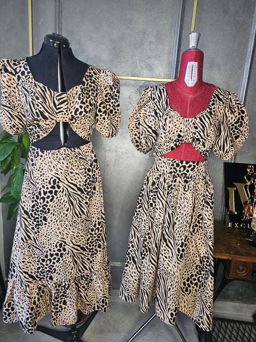 set din bumbac cu imprimeu animal print leopard orice impreimu culori uni form,at din fjusta clos si top cu decolteu și mâneci scurte bufante prindere in fermoar pentru damă set matchy matchy cu rochii asortate mamă fiică